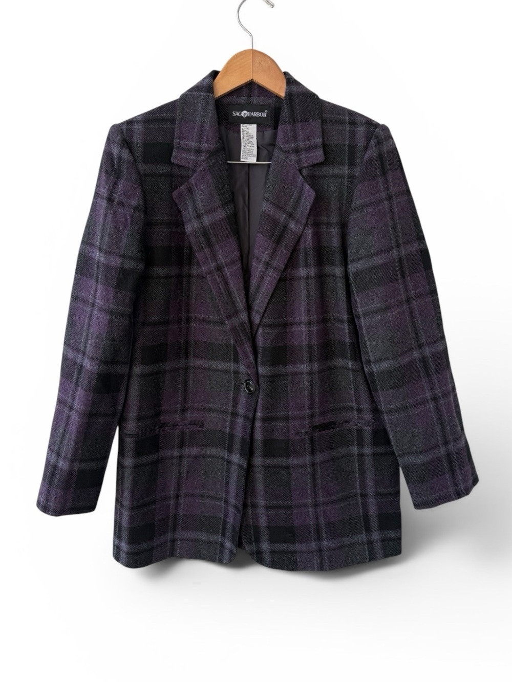 Vintage Sag Harbor Purple Plaid Wool Blend Blazer Jacket Women’s Size 10